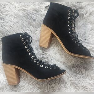 Italina Black Suede Lace-Up Open-Toe Ankle Boots with Stacked Wood Heel